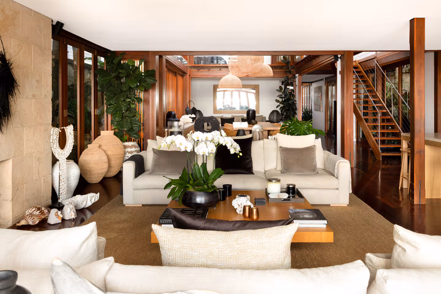 Spa-style ensuite corridor opening to harbour views